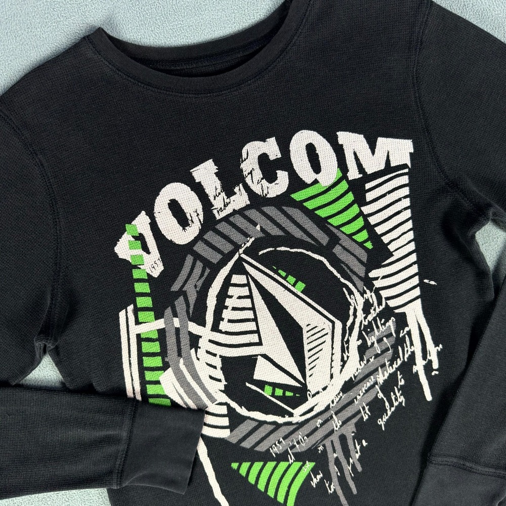 Volcom Thermal Shirt Large Black Waffle Knit Faded Distressed Y2K Skater Moto
